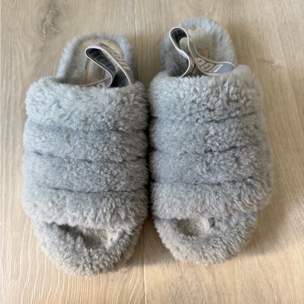Grey Blue Furry UGG Slippers with Strap